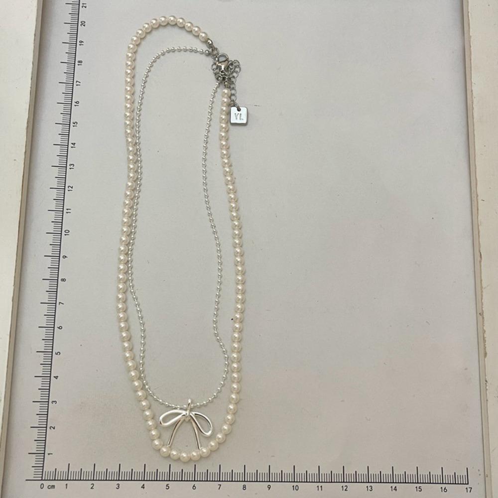 Bowknot Pearl Necklace Round Shape Collarbone Chain Simplicity Jewelry Accessories