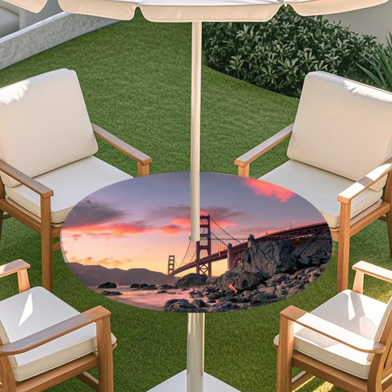 Outdoor Round Table Cover With Nature Print Waterproof Elastic Hem Patio Garden Deck