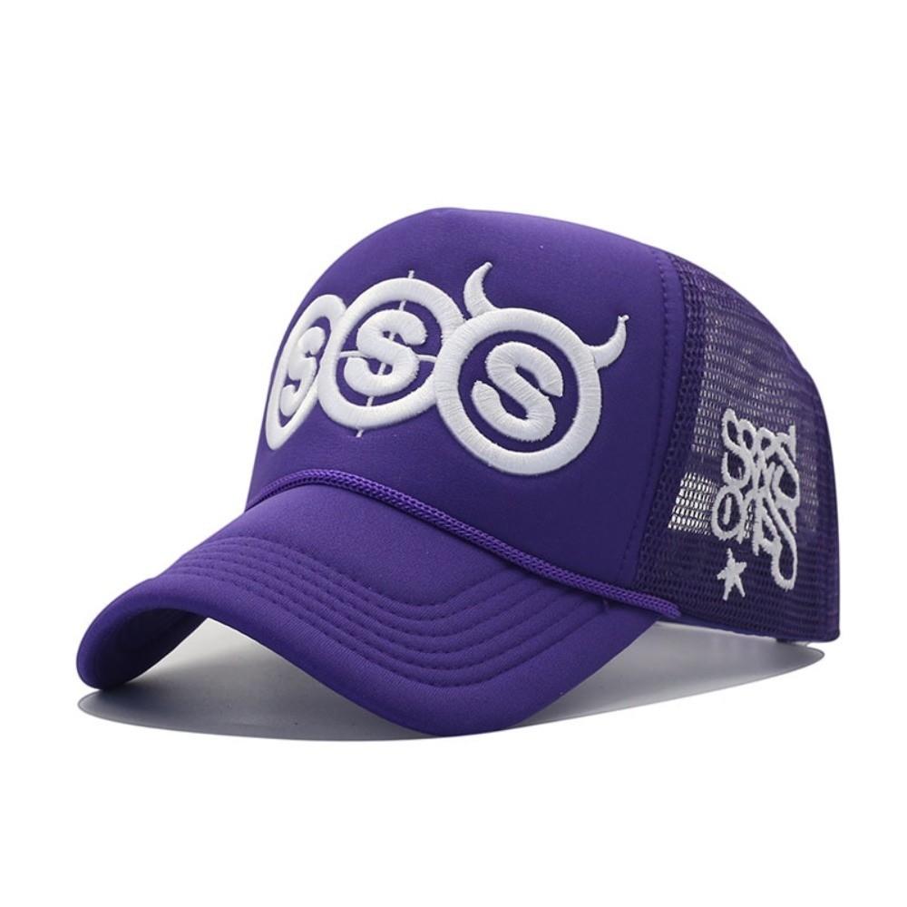 

Embroidery Style Peaked Baseball Cap Devil Horn Design Adjustable Trucker Cap Sun Protection Style 4