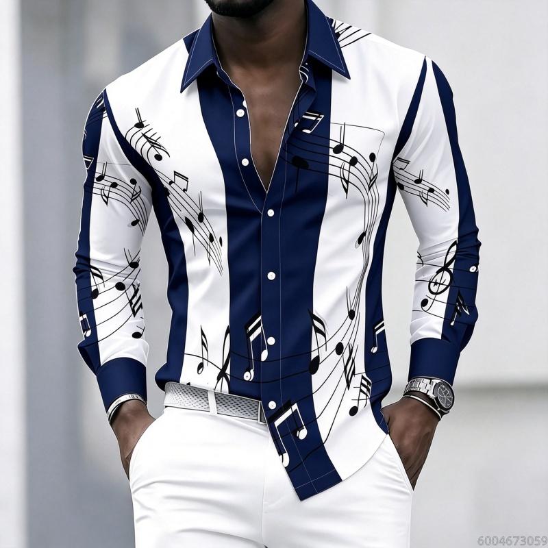 Men's Collared Shirt with Creative Musical Note Print, Trendy Long-sleeved Casual Top for Everyday Wear, Dates, and Outings.
