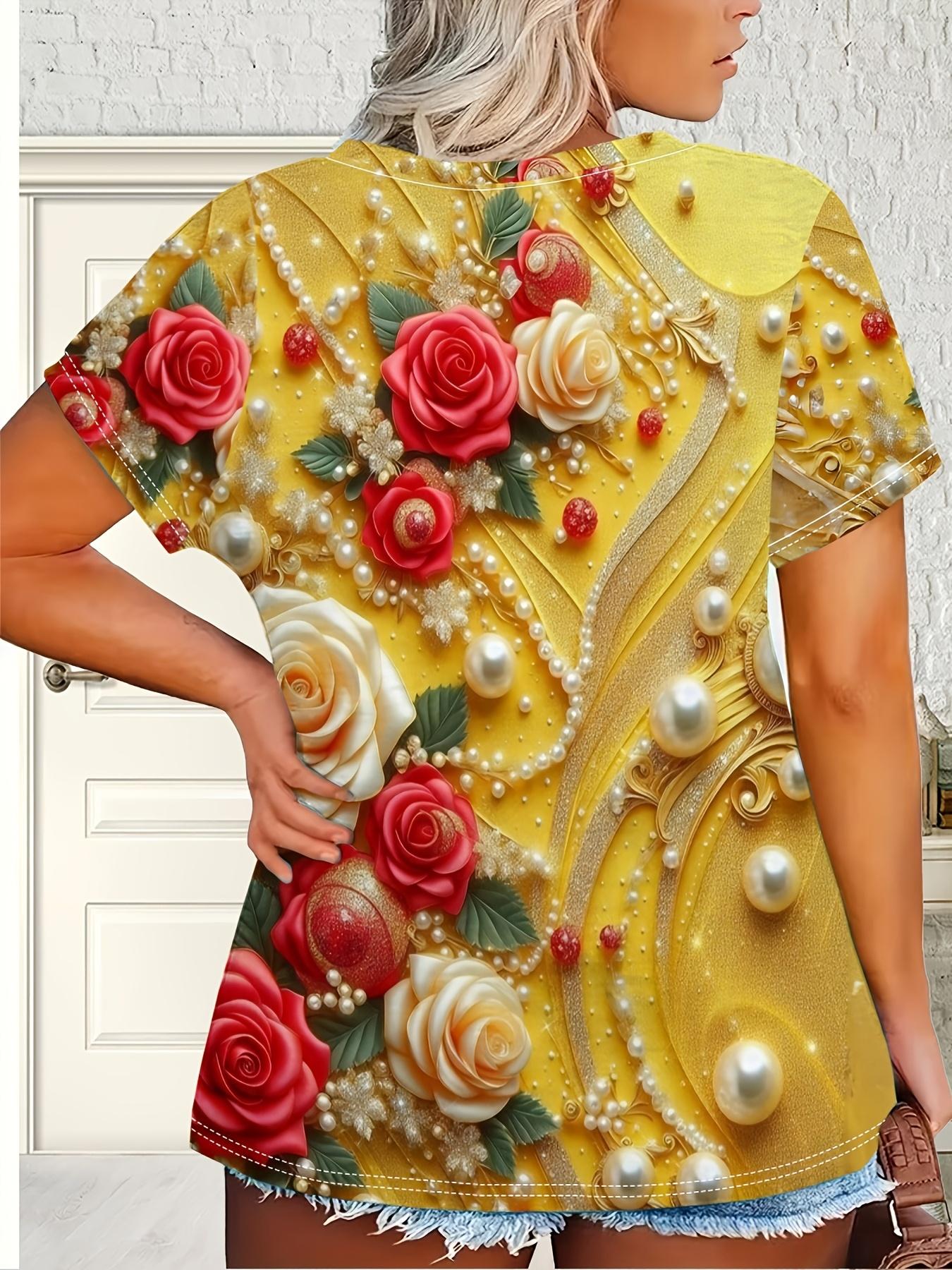 

Plus Size - Plus Size - Directional Spring And Autumn Women S Elegant Golden Floral Beaded Round Neck Short Sleeve T-Shirt. Featuring an All-Over Prin 2XL дубильна кора