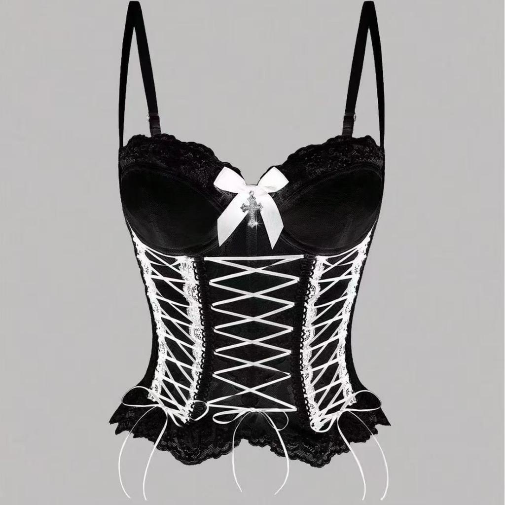 Cross Lace Tank Top Hot Bow Cross Lace Fishbone Vest Shape Corset
