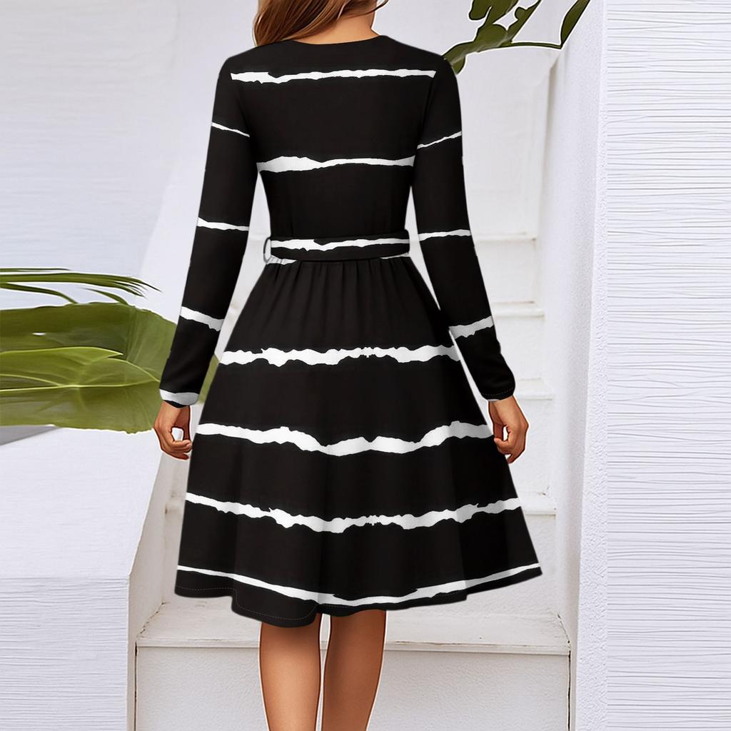 Women's Fashion Casual V-Neck Long Sleeve Waist Floral Print Midi Dress