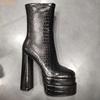 Fashion 2025 Autumn Winter New Square Toe Boots Double Platform Chunky Heel Super High Heel Snake Pattern Side Zipper Women Short Boots