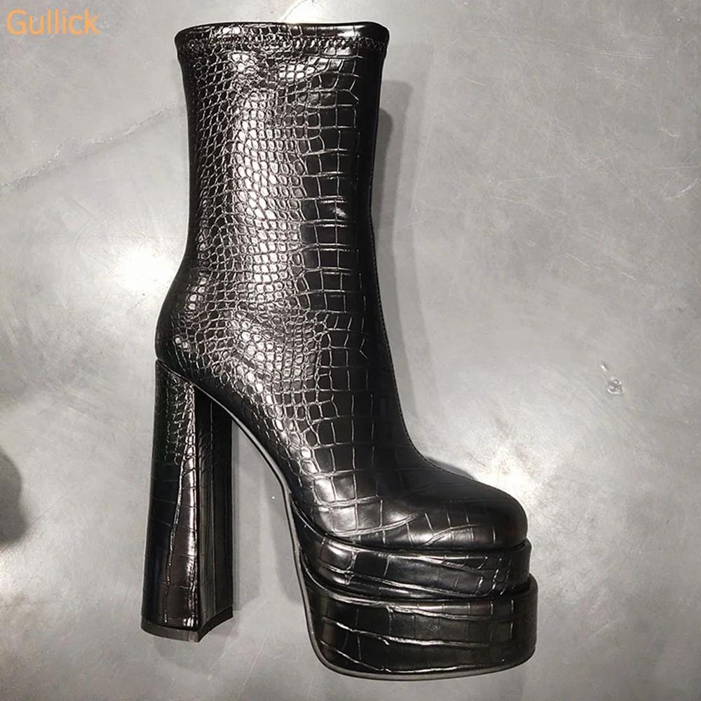 Fashion 2025 Autumn Winter New Square Toe Boots Double Platform Chunky Heel Super High Heel Snake Pattern Side Zipper Women Short Boots