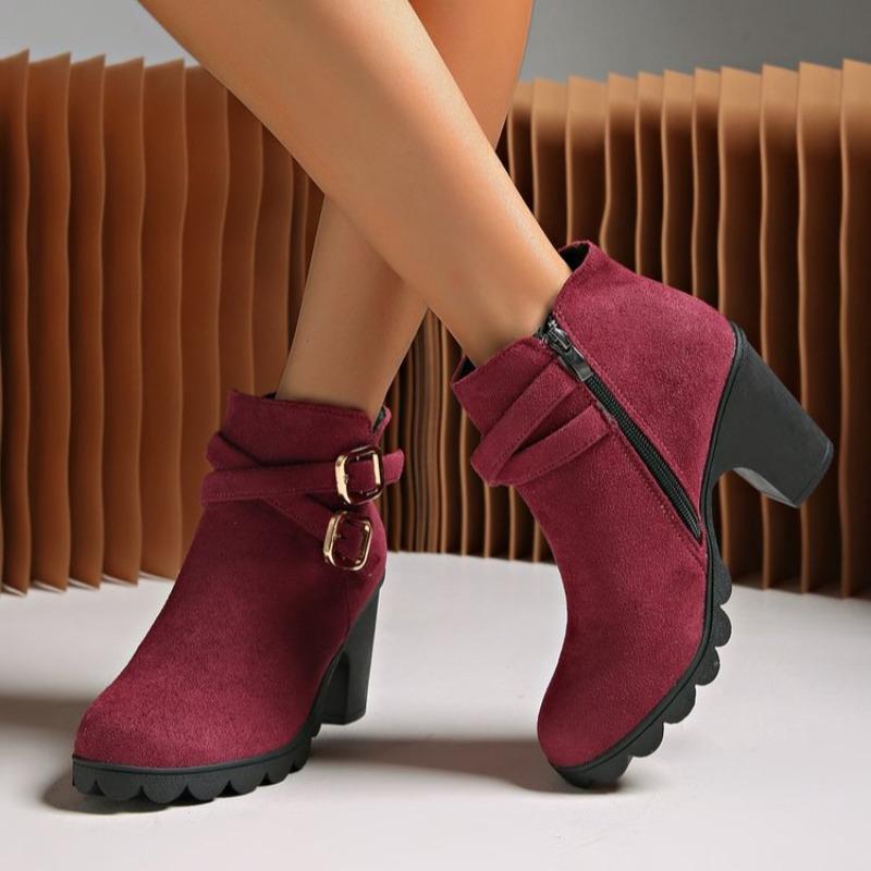Fashion Women's Retro High Heel Ankle Boots Square Heel Woman Suede Leather Boots Female Round Toe Belt Buckle Platform Short Botines