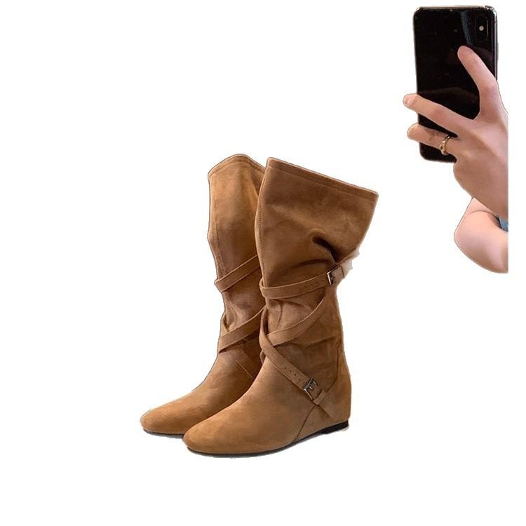 Sheepskin version~ Height increase 6cm round head thin medium boots for women, autumn and winter new soft long tube stacking boots, long boots for wo