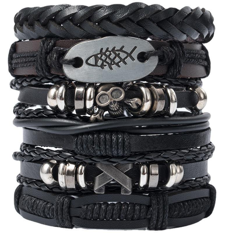 Skull head alloy accessory set of five pieces, cowhide bracelet, direct supply for jewelry