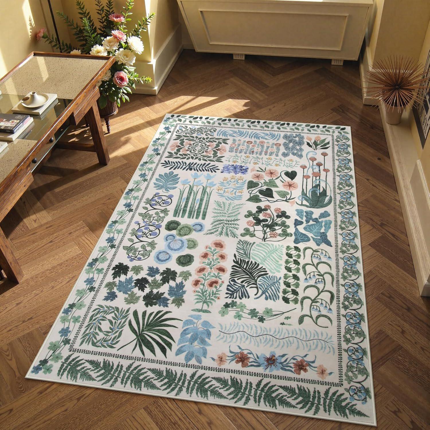 

Ковер с растительным цветочным узором в стиле ретро для гостиной, спальни, чайного столика, противоскользящий, водопоглощающий, мягкий ковер 100 * 150cm