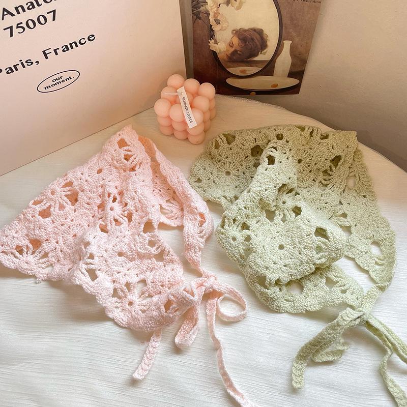 Módní pletený šátek na hlavu klobouk francouzský pastorální styl trojúhelníková čelenka ručně háčkovaná čelenka ručník retro květinový šátek