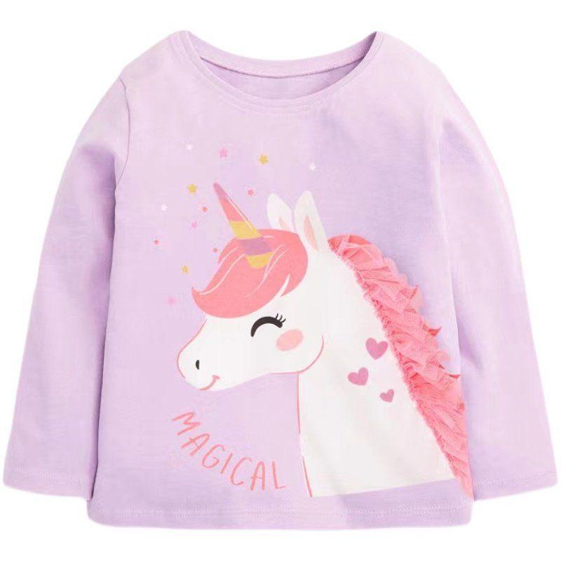Girl Long Sleeves T-shirt Baby Unicorn T-shirt Tops Children's Autumn Clothing Baby Pure Cotton Light Blue Bottoming Shirt 8