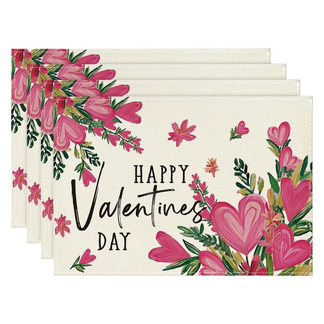 

4pcs Valentine’s Day Placemats Pink Hearts & Floral Design, 12x18in, Romantic Table Decor for Weddings, Anniversaries & Parties 30x45cm-4PC
