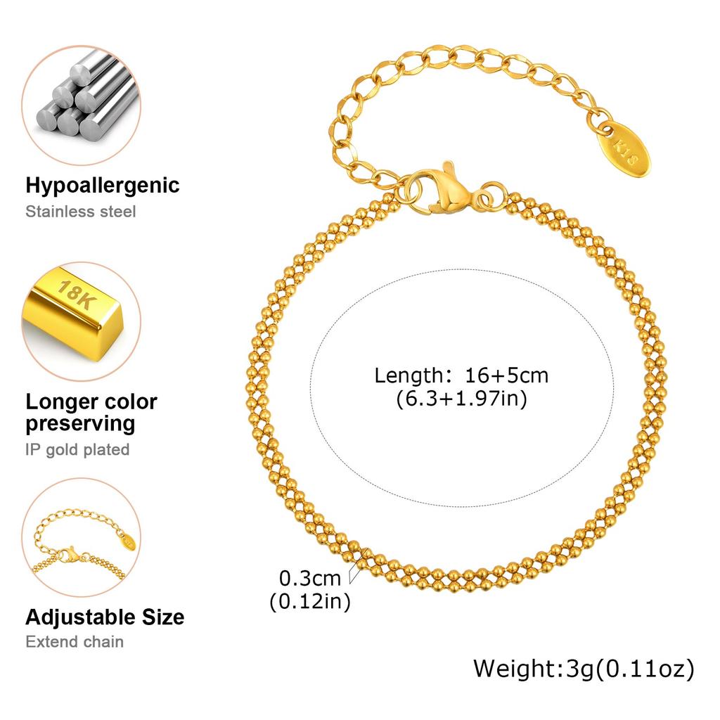 Dainty Double-layer Bead Chain Bracelet for Women,Gold Color Stainless Steel Waterproof Bracelets, Trendy Jewelry Gifts