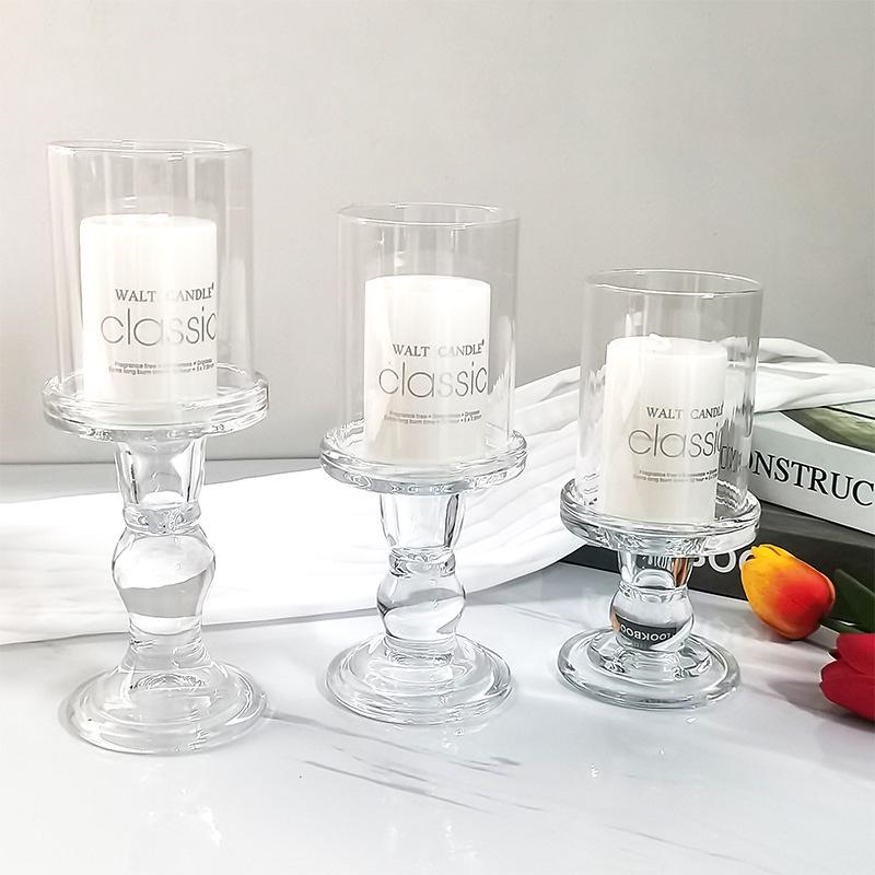 Modern Crystal Glass Roman Column Candlestick with Windproof Cover Set for Weddings and Table Decorations Small Roman Column Base