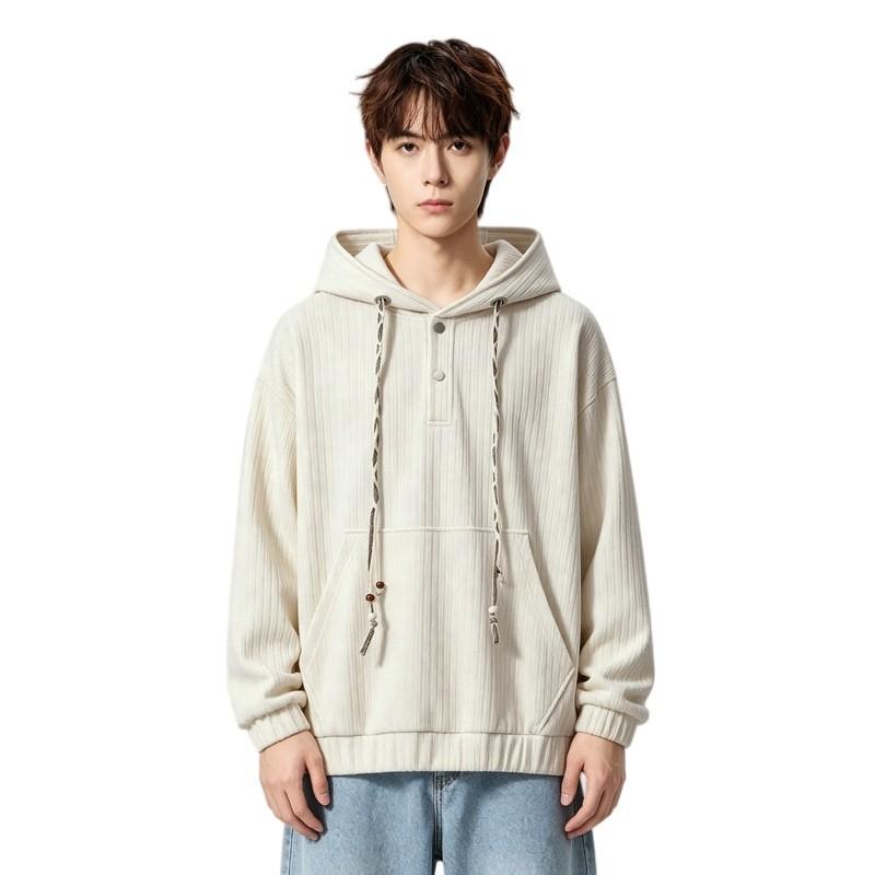 Mens Solid Color Hoodie With Wheat Ear Embroidery Loose Fit American Street Style Trendy Students
