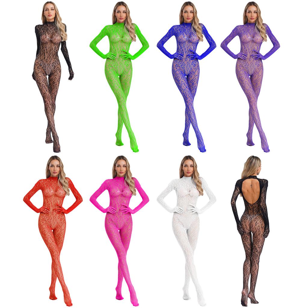 Damen Leopard Print Bodystocking Bodyanzug Ganzkörper Strumpfhose Dessous