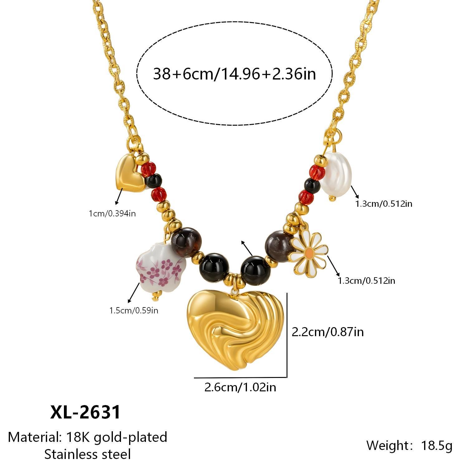 Bohemian Heart Flower Pendant Stainless Steel Beaded Necklace for Women 18K Gold