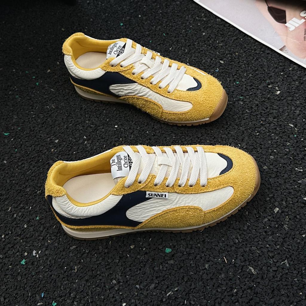 Horsehair Version~ Leather Thick-soled German Training Shoes for Women's 2025 New Mesh Breathable Splicing Casual Flat-soled Sports Shoes