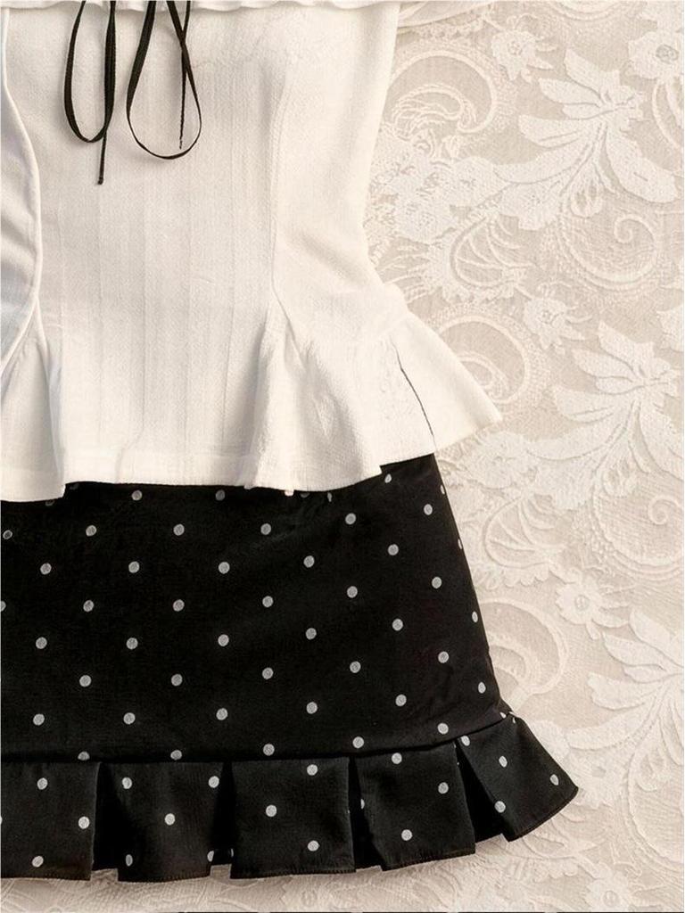 Women's Trendy Summer Set: Off-Shoulder Ruffled Top & Polka Dot High-Waisted Midi Skirt.