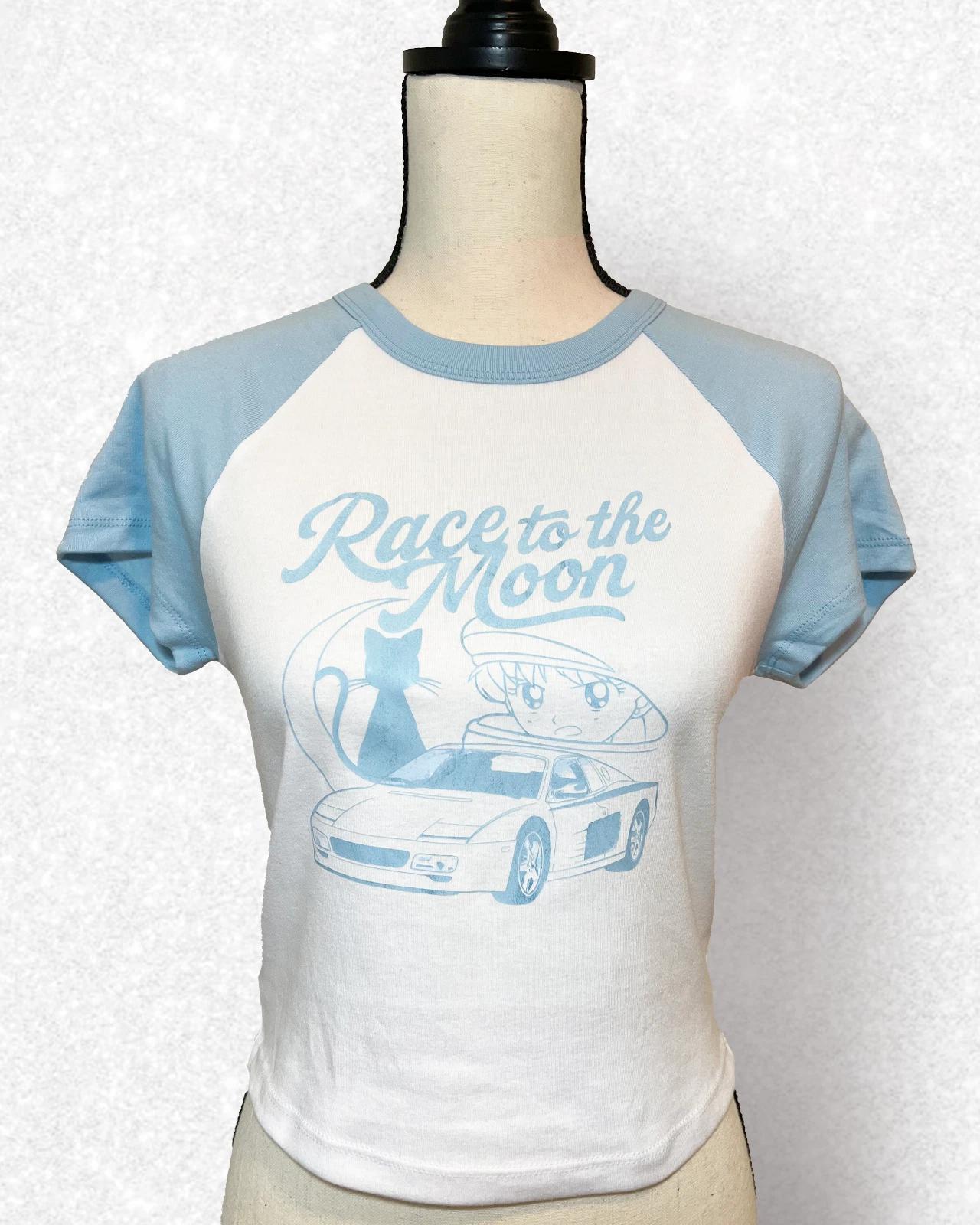 

Race to the Moon Anime Car Baby Blue Tee Bella Sailor Moon Raglan Crop Top 90s S