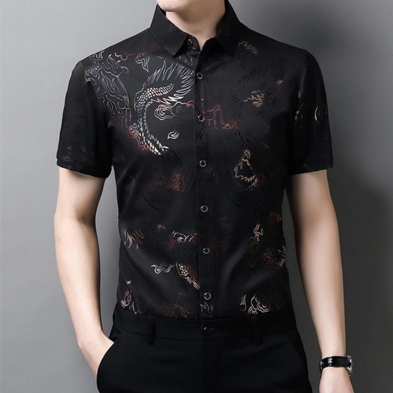 

Summer men s printed shirt thin breathable casual printed short-sleeved dragon pattern shirt XXXXL