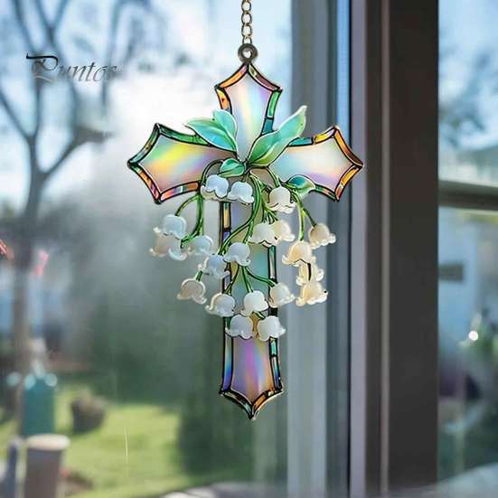 Artistic Wall Decoration Lily of The Valley Suncatcher, Acrylic Stained Glass Style Hanging Holiday Commemorative Gift Ornament with Metal Chain,