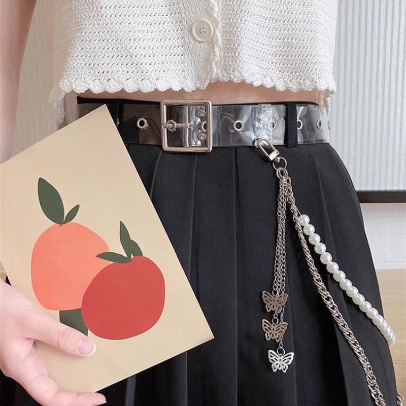 Stylish Transparent Heart Double Row Waist Belt Accessory For Denim Jeans And Outfits With Butterfly Pearl Decoration