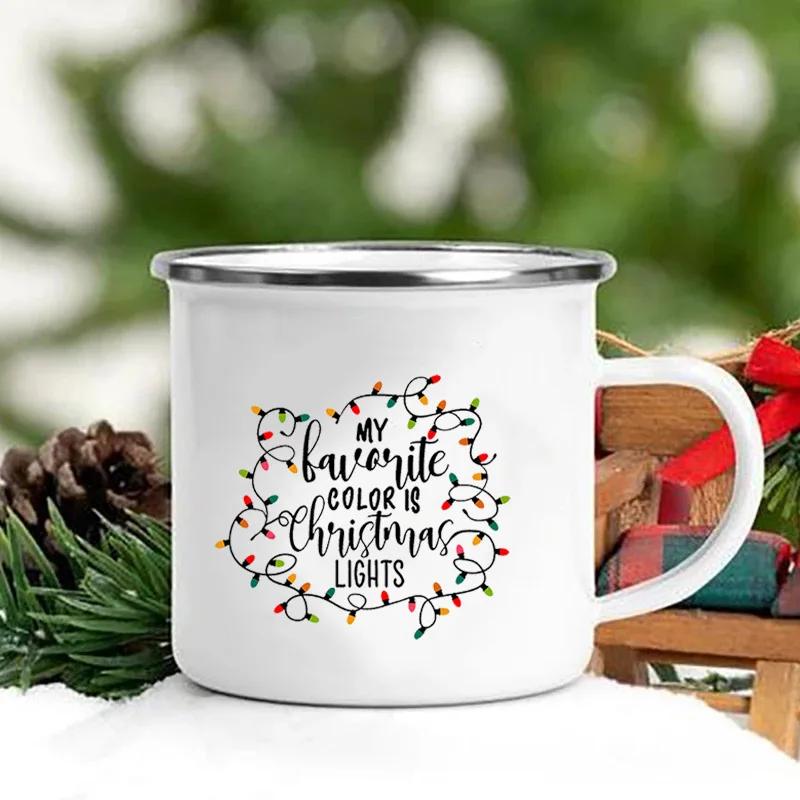 Merry Christmas Print Creative Enamel Coffee Tea Wine Drink Mug Dessert Hot Cocoa Milk Cup Cake Mugs Handle Drinkware Xmas Gifts