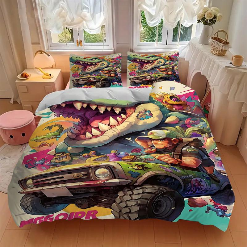 3pcs The Dino Driver's Wild Journey Print Cover Set Ultra Soft, Breathable, and Comfortable Bedding with Stylish Design for Bedroom and Guest Roo