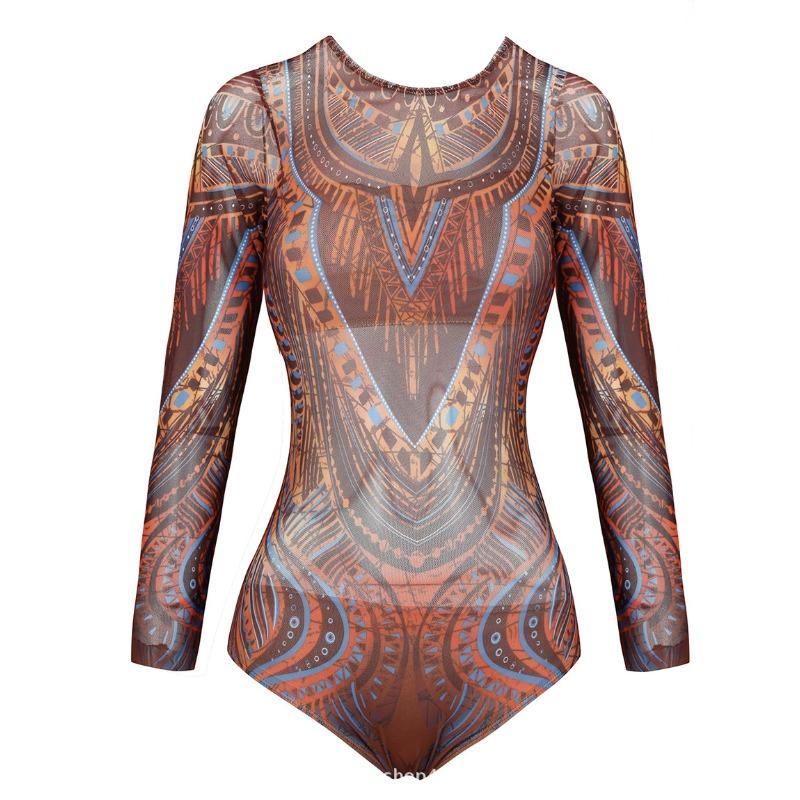 New One-piece Swimsuit Women's Long-sleeved Tight-fitting High-elastic and Thin Sexy Gauze Skirt European and American Spot Women's Swimwear
