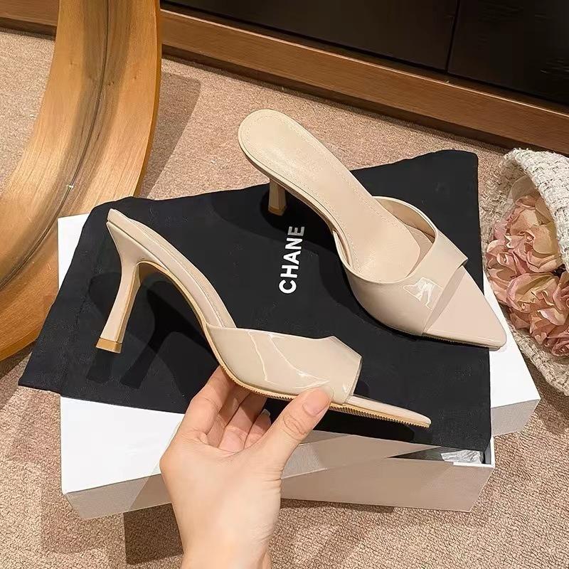 Summer Women's High Heels Sexy Pointed High Heeled Slippers Luxury Leather High Heels Slippers for Women Open-toed Mules Slides