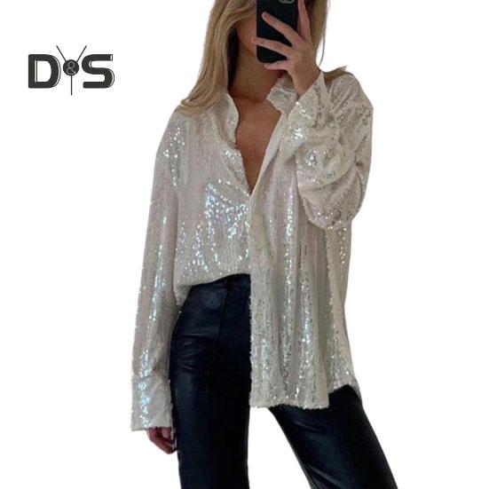 

Женская рубашка с пайетками на пуговицах, с длинным рукавом и лацканами, блестящая блузка, женская повседневная свободная посадка для работы, отдыха и повседневной носки S абрикосовый