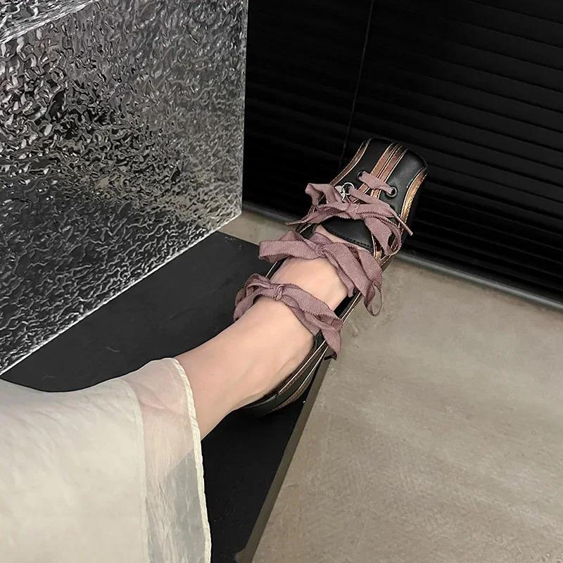 Fashion Women Ballet Flats Strappy Shoes Ballerina Splicing Pumps Bowknot Square Closed Toe Sandals Comfortable Low Heel Casual Sandals