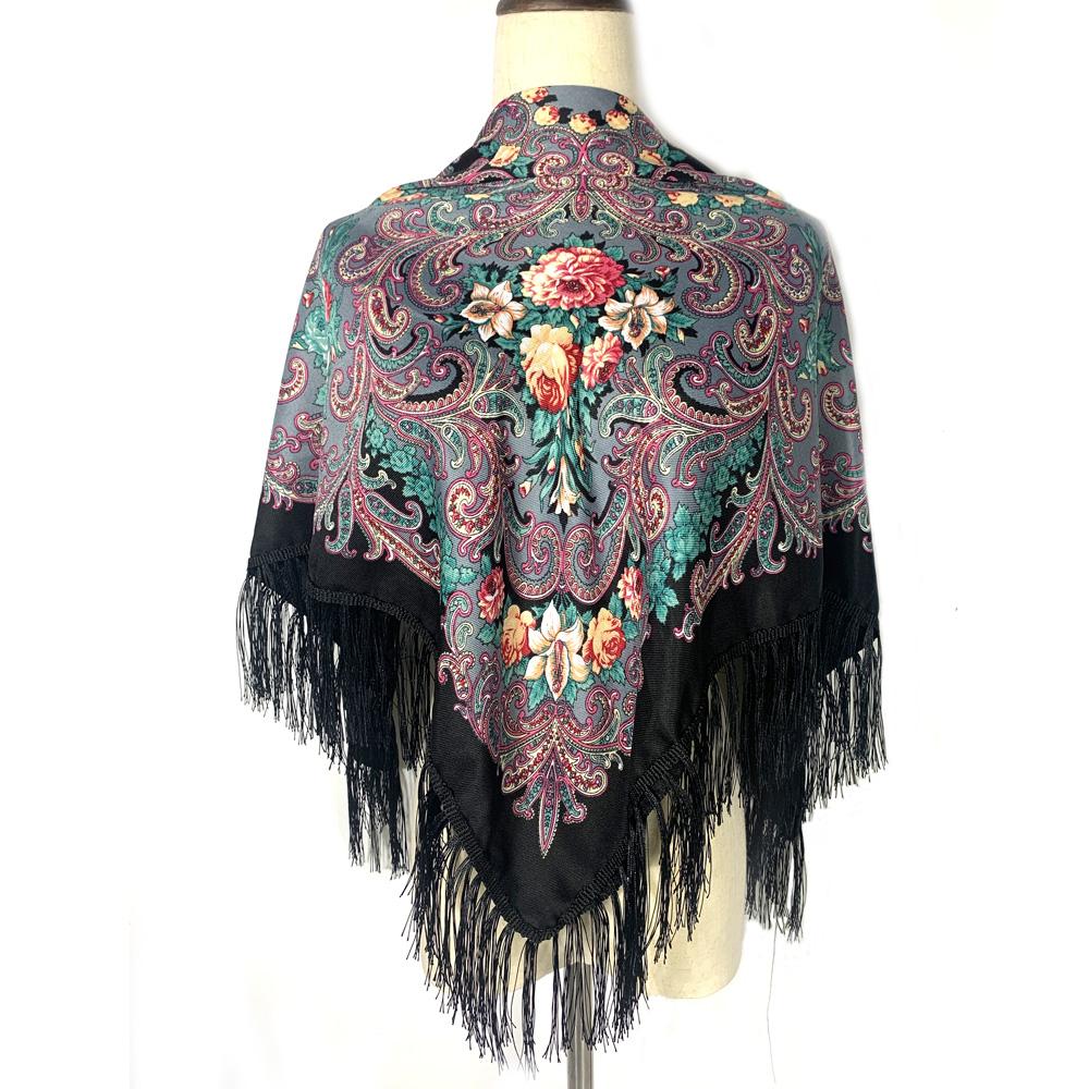 Retro Style Ukrainian Fringed Shawl Russian Floral Print Square Scarf Babushka Bandana Handkerchief Female Head Wraps