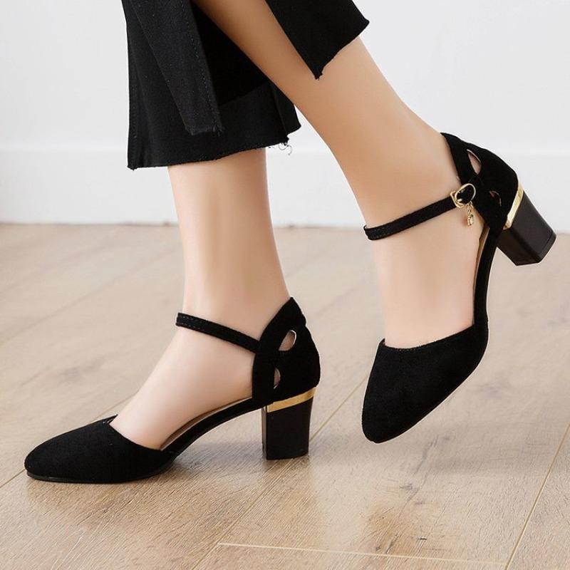 New Style Sandals for Women, Thick Heel, Single Shoe Tip, Mid-heel Shoes 34 чёрный