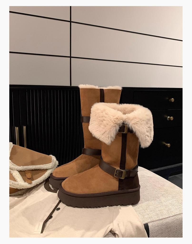Thick Bottom Plush Winter Boots Women's Fleece Lined Long Tube Shoes Fashionable Buckle Warm Cotton Snow Boots Casual Style