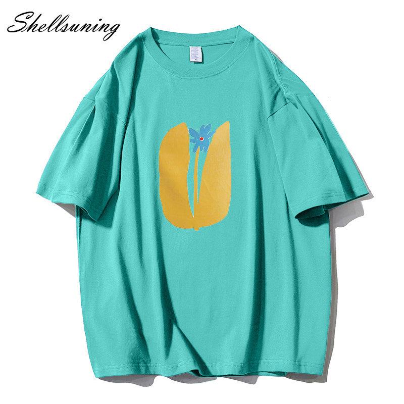 Shellsuning Summer Aesthetic Floral T Shirts Women Loose Short Sleeve Cotton Printed Tees Female Casual O Neck Vintage Base Tops