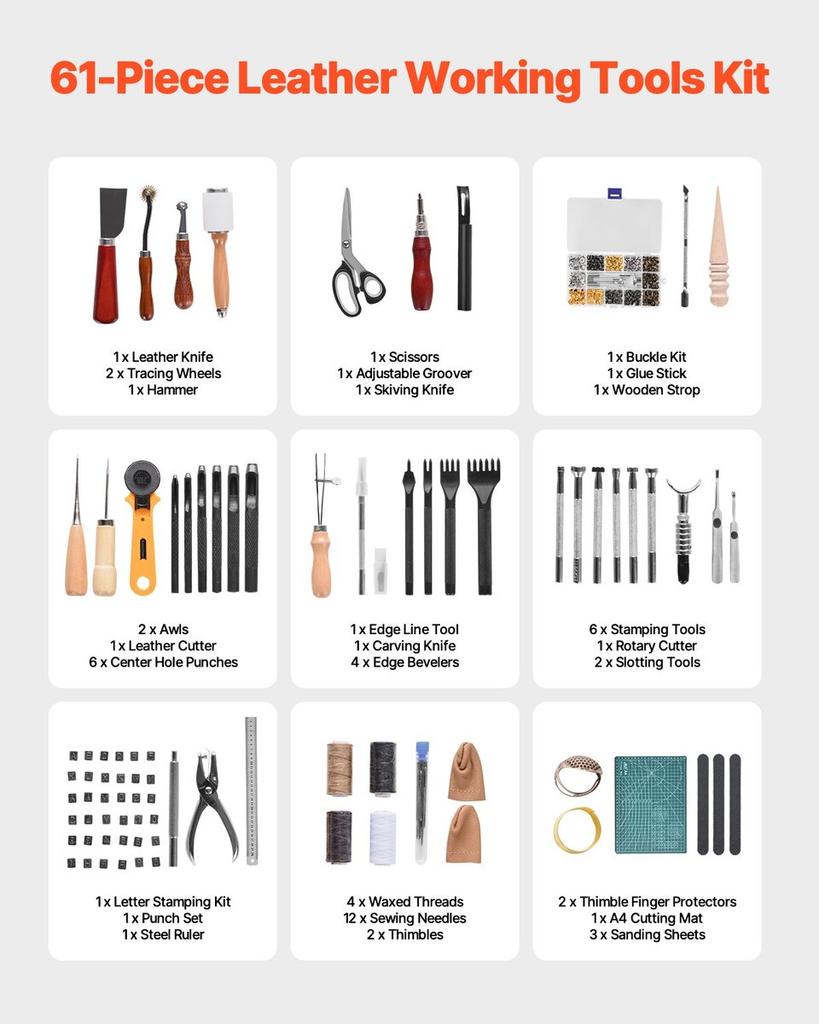 Leather Working Tools Kit 61 PCS Engraving Punching Stamping Sewing Tools
