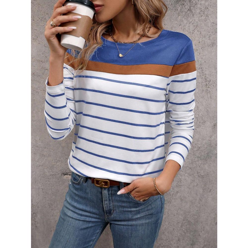 Striped Color-Block 3D Printed Long-Sleeve T-Shirt, Casual Women's Wear, Fashionable, Loose and Comfortable Slim-Fit Top