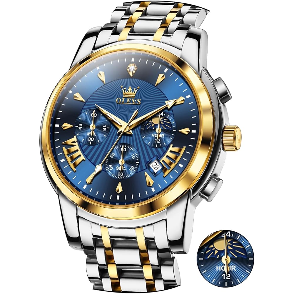 OLEVS Men s Chronograph Watch Blue Analog Waterproof Quartz Business Style Large Display
