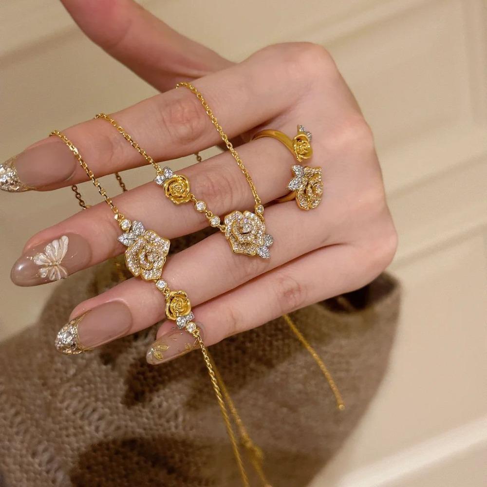 Luxury French Style Diamond Rose Necklace Camellia Bracelet and Floral Ring Set for Women Fashion Jewelry