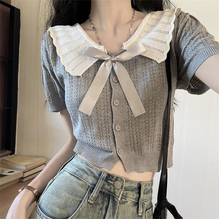 

Женский летний кардиган 2025 года из милого трикотажа с воротником Питер Пэн и оборкой One Size серый