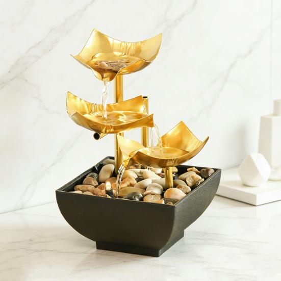 Gold Tabletop Water Fountain 3 Tier Lotus Indoor Desktop Fountain Ornament with Light Small Decorative Waterfall Fountain for Home Bathroom
