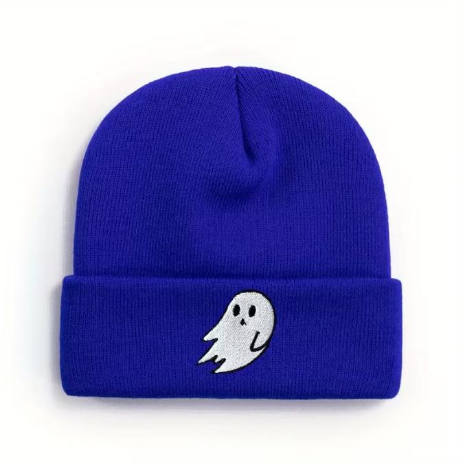 Ghost Embroidery Halloween Knit Beanie for Men & Women - Warm, Trendy Autumn/Winter Street Fashion Hat