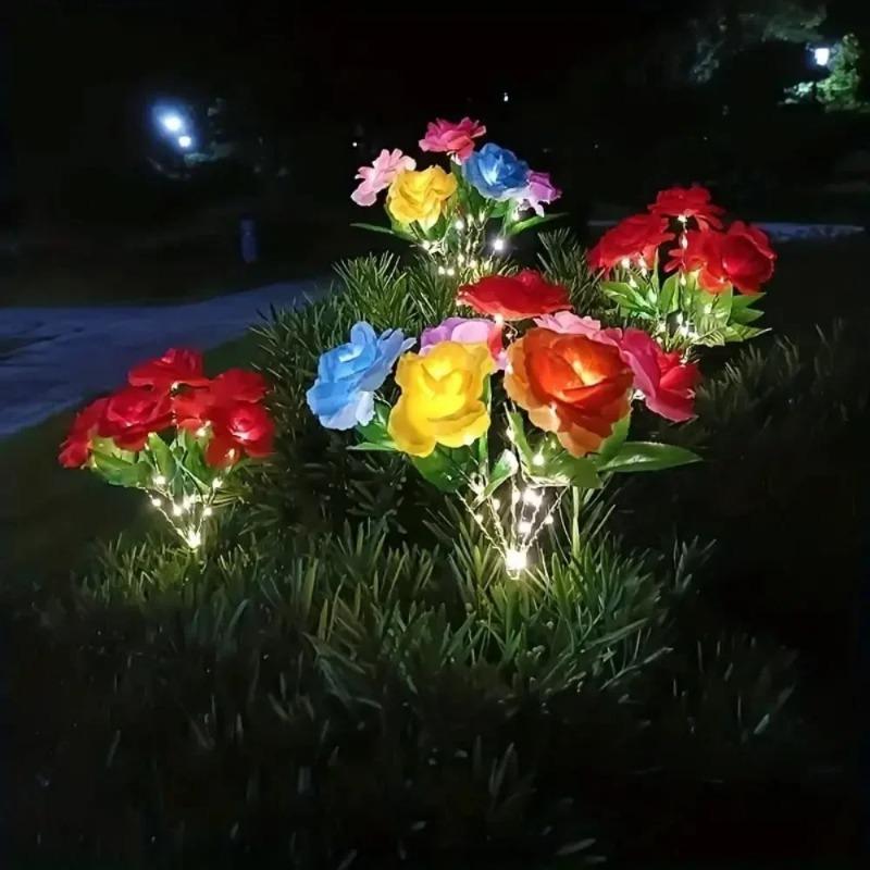 1 Bundle 7-Head Color Solar Rose Simulation Garden Light, LED Ground Inserted Atmosphere Decoration Light for Pathway Patio Gard