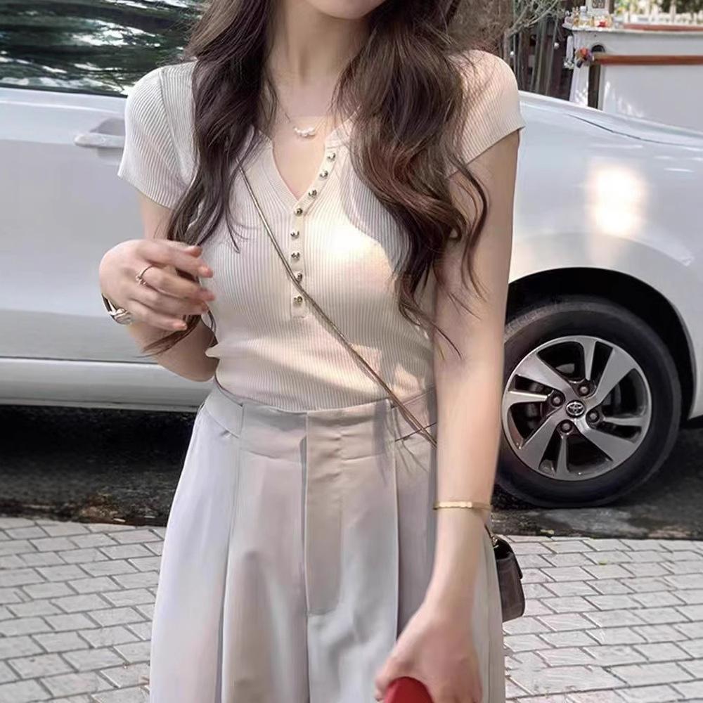 Ice Silk Knitted Sweater Short-sleeved Women's Clothing Summer 1116 New T-shirt Slim Short Front Shoulder Sweet and Spicy Small Versatile Top