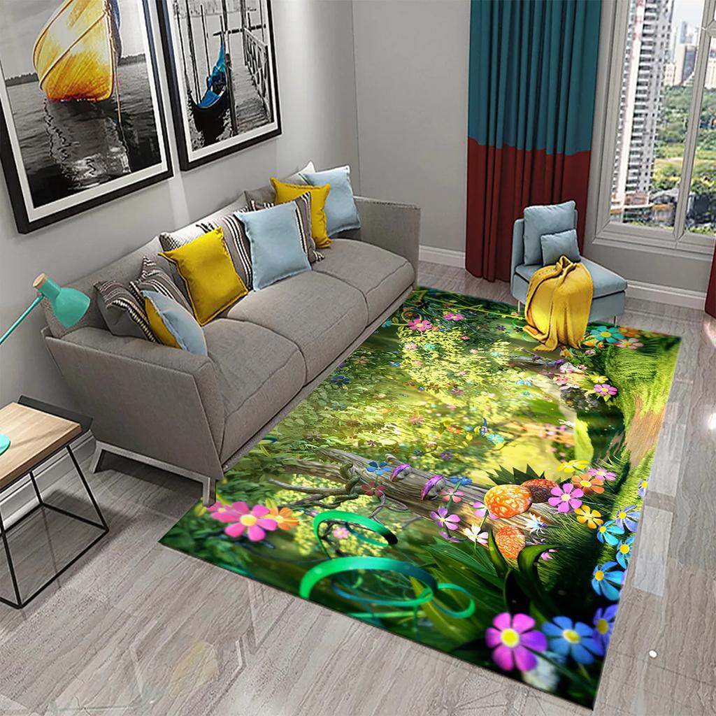 Colorful Magic Forest Flower Carpet Psychedelic and Dream Forest with Animal Living Room Bedroom Bathroom Entrance Non-Slip Rugs