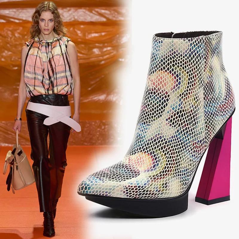 Fashion Brand Runway Style Mixed Color Banquet Cowhide Short Boots Sexy Pointed Waterproof Platform Irregular High Heels Ankle Boots