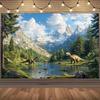1 buc. Fundal Peisaj Montan cu Dinozauri - Vederi din junglă și lac liniștit, imagini cu dinozauri, decorațiuni fotografice