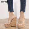 Fashion Eilyken Elegant Open Toe PVC Transparent Wood Grain Wedge Woman Slippers Fashion Ladies Beach High Heel Slide Shoes